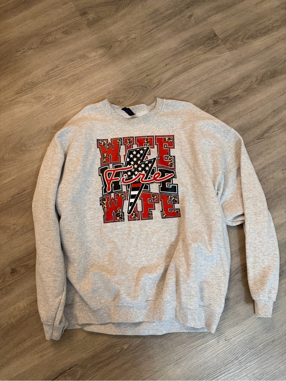Fire wife Gray Graphic Crewneck Sweatshirt with Red Black Accent